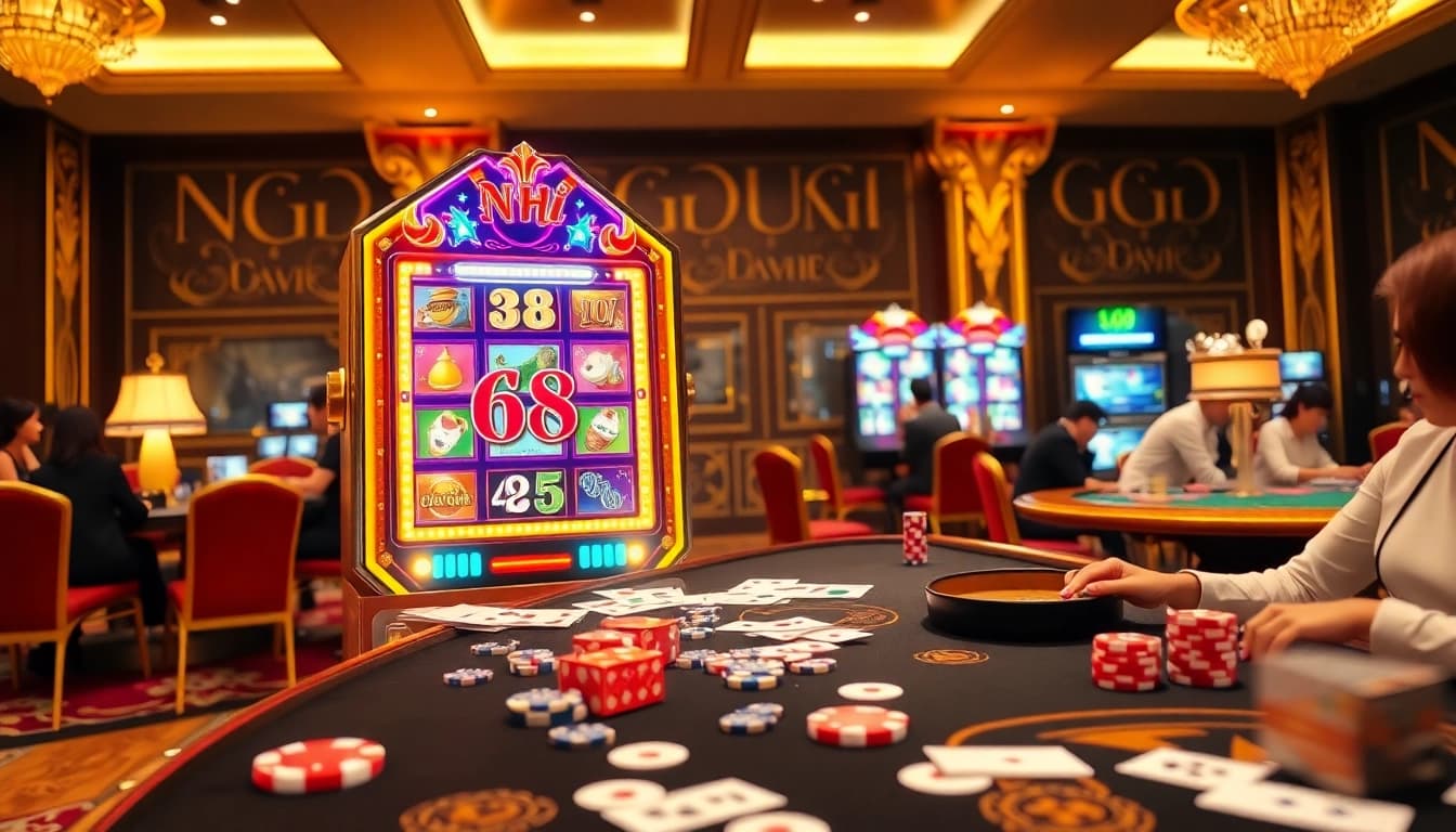 Experience the thrill of Nổ Hũ Club 68 Game Bài with a vibrant casino scene featuring luxurious slot machines and excited gamblers.