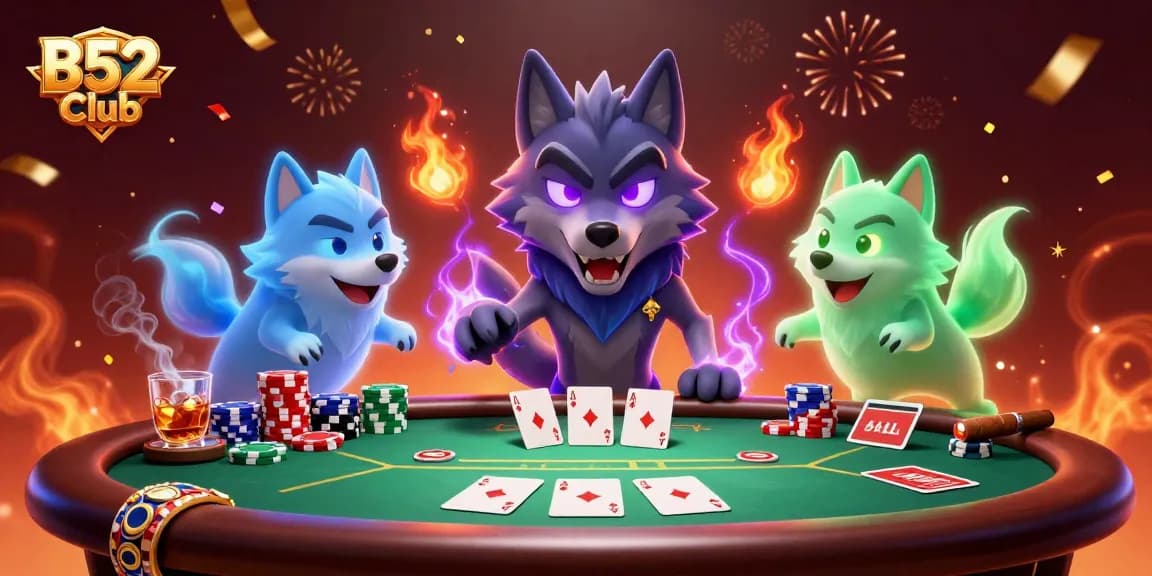 B52 Club engages players with poker excitement, featuring a wolf pack leader surrounded by vibrant casino elements.