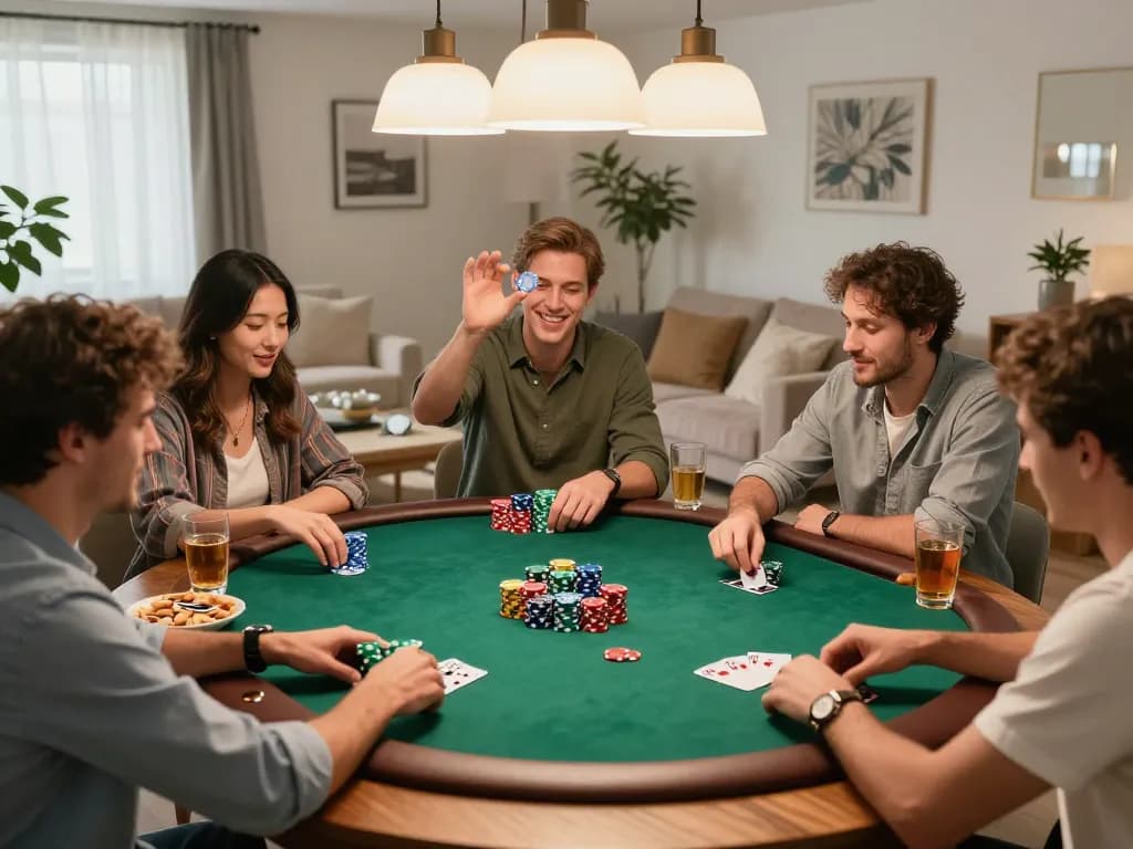 Players engaging in strategic poker gameplay around a table while enjoying drinks in a cozy home setting at F168 COM