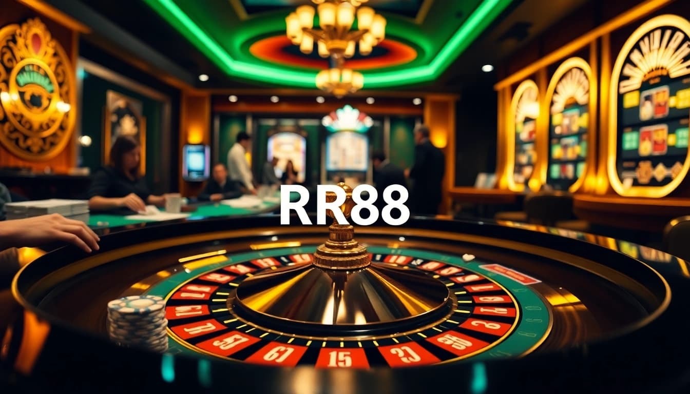 Experience high-stakes excitement at RR88 with a vibrant casino scene of roulette and poker.