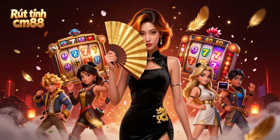 Engage in Rút tiền cm88 with vibrant slot reels and an elegant figure in a 3D casino scene.
