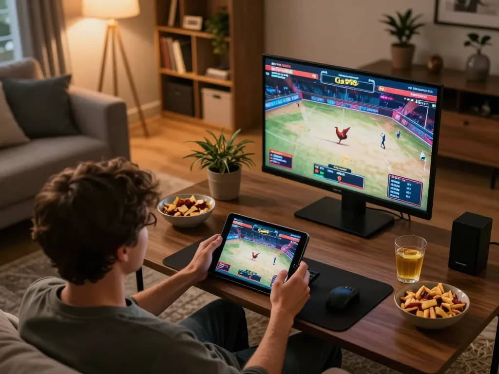 Engaging with Ga368 on a tablet during an online betting session in a cozy home setting.