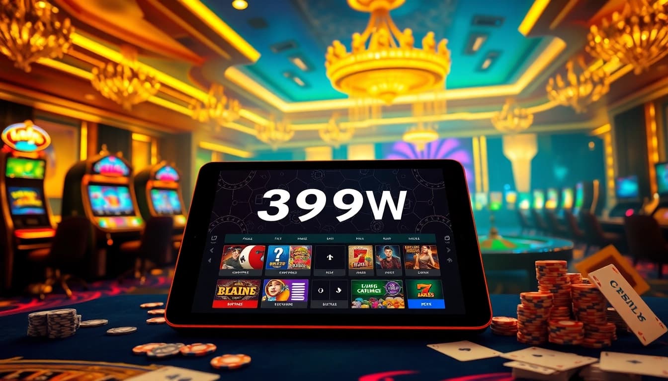 Engage with the thrilling world of 399W's digital casino featuring vibrant slot machines and poker tables.