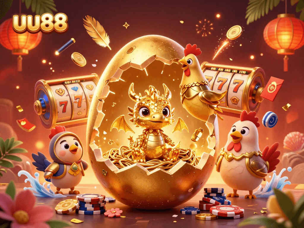 Experience uu88's thrilling gaming as golden treasures and vibrant slot reels merge in a dynamic scene.