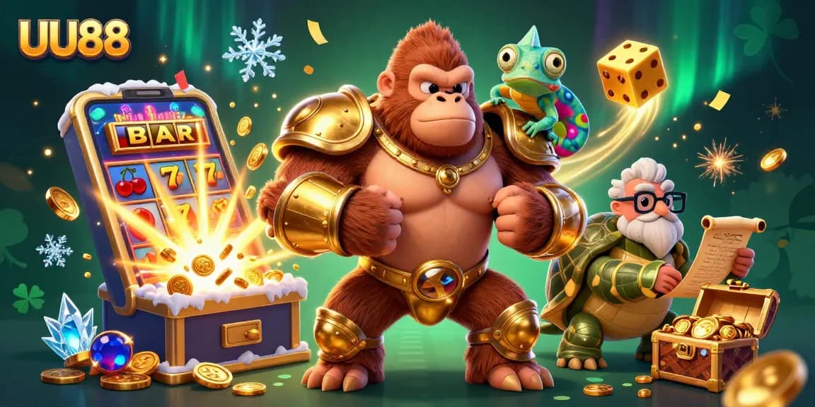UU88 showcases a vibrant casino scene with a powerful gorilla, a chameleon spy, and rich gaming elements.