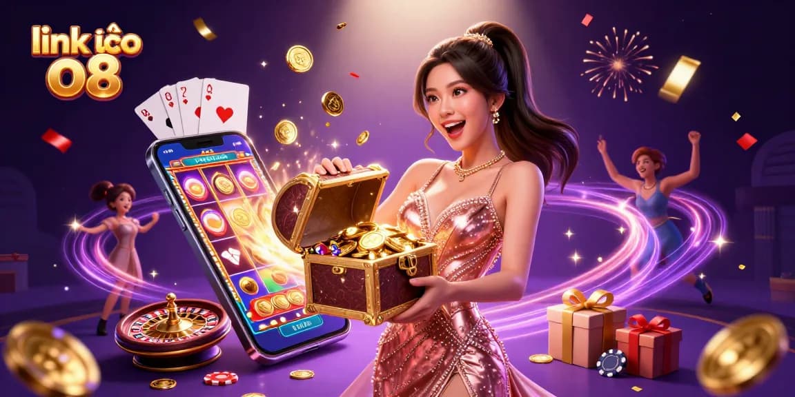 Experience the excitement of link vào o8 with vibrant treasures, gold coins, and gaming elements in a spectacular casino scene.