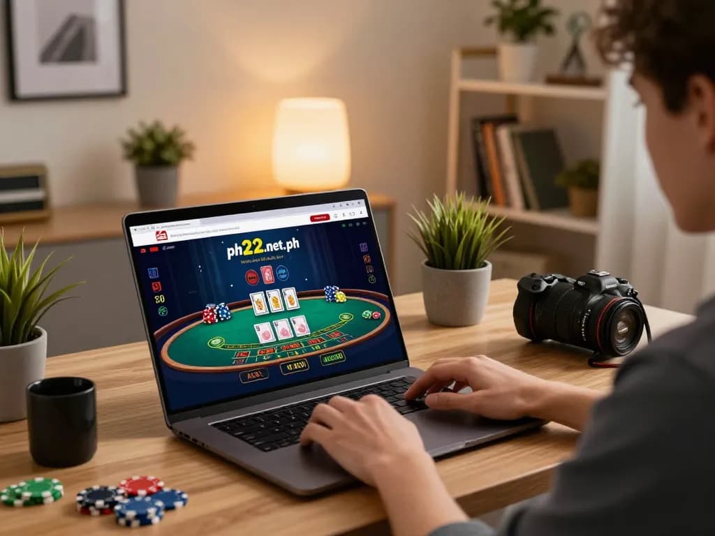 Player enjoying live casino games on ph22.net.ph, showcasing a cozy home gaming setup.