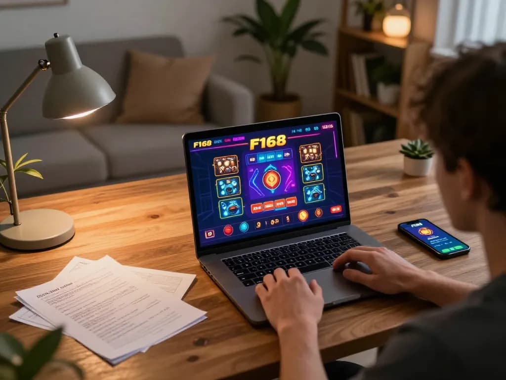 Player engaging with the F168 online casino interface while surrounded by cozy home decor.