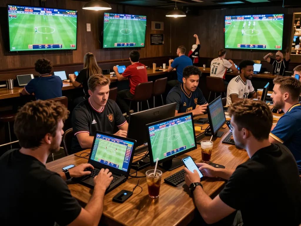 Engaging scene of bettors using mobile devices for soi kèo bóng đá, showcasing live match interactions and vibrant sports atmosphere
