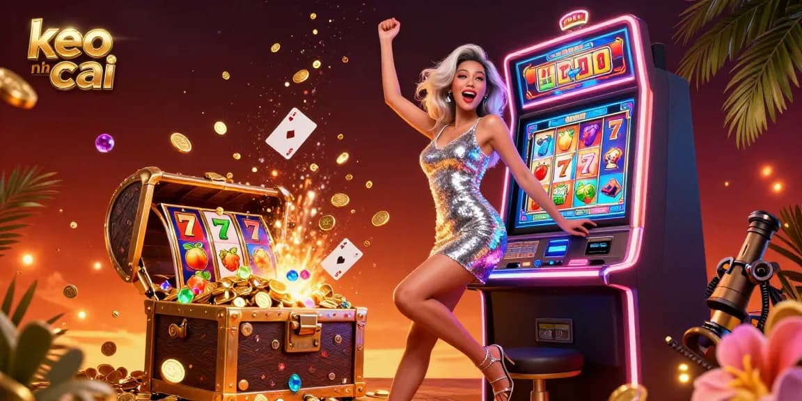 Engage with keo nha cai at an exciting slot machine scene celebrating a jackpot win under neon lights.