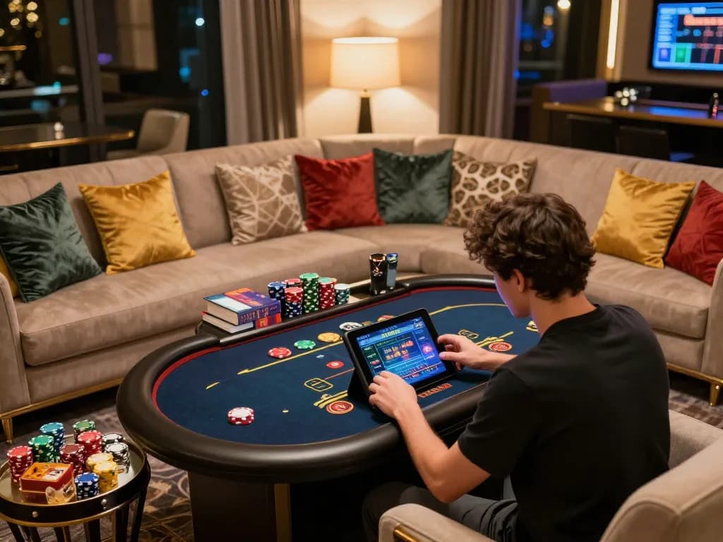 Engaged player betting on 789Win with a tablet in a stylish home setting, focused on live dealer games.