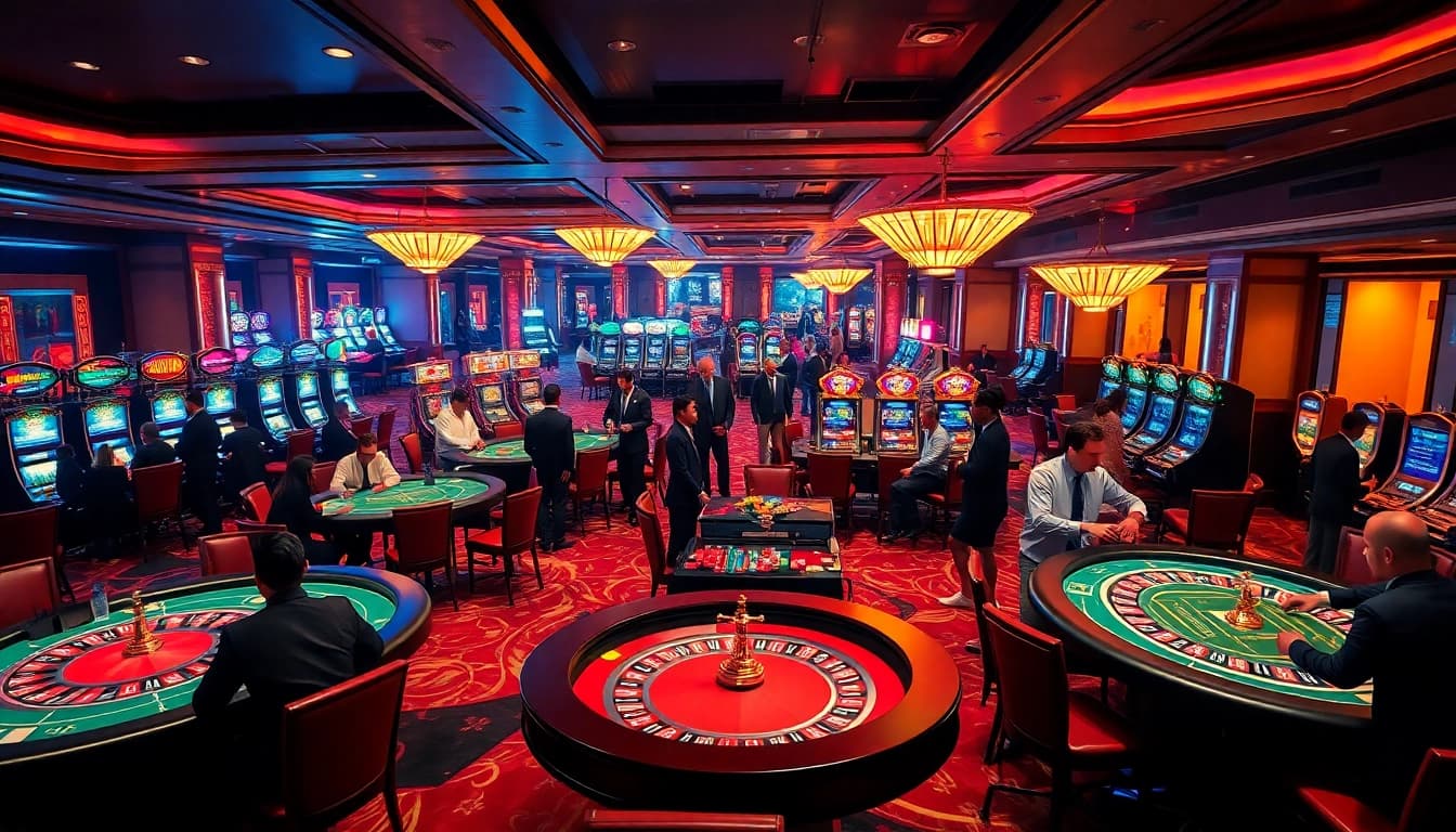 Exciting gambling action at cm88 com with players engaging at roulette and poker tables in a luxurious casino.