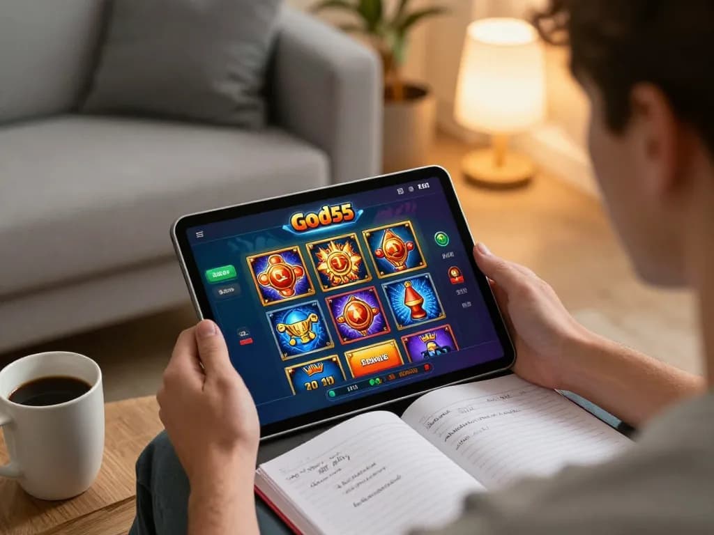 Engaging gaming session on the god55 app showcasing vibrant slots and strategic notes.