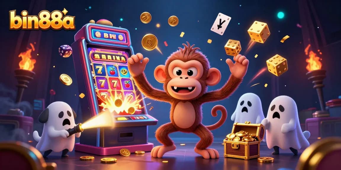 Engage with the lively bin88a scene featuring a mischievous monkey juggling casino treasures in an enchanting haunted casino.