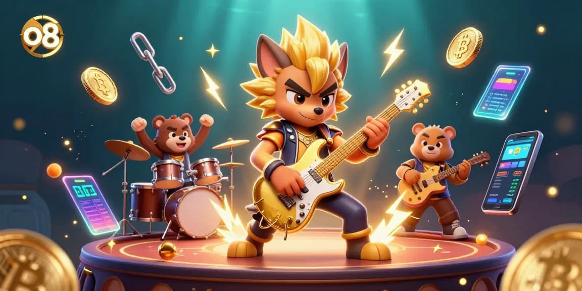 Experience the thrilling energy of o8 as a rock star wolf electrifies the casino stage amidst vibrant crypto elements.