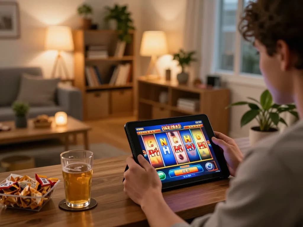 Engaging in nổ hũ gameplay on a tablet, showcasing a colorful online casino experience at home.