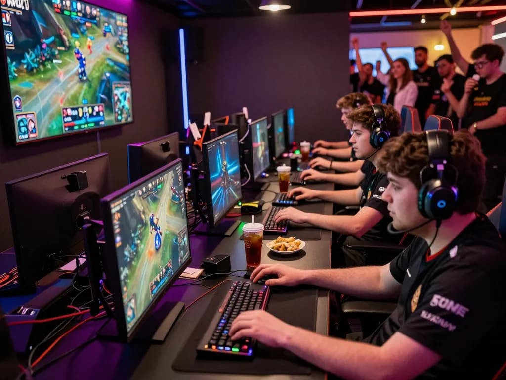 Competitive players engaged in Onbet LOL gaming match in lively esports lounge.