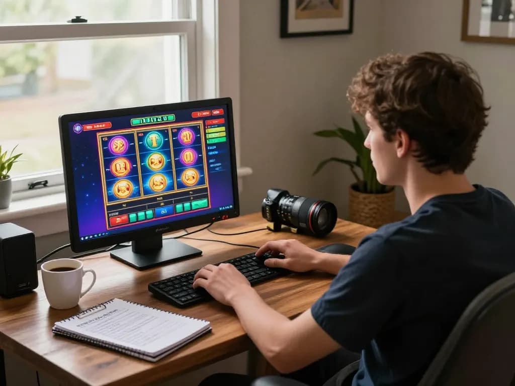Player engaging with slot machine game on 12bet website, showcasing a cozy gaming atmosphere.