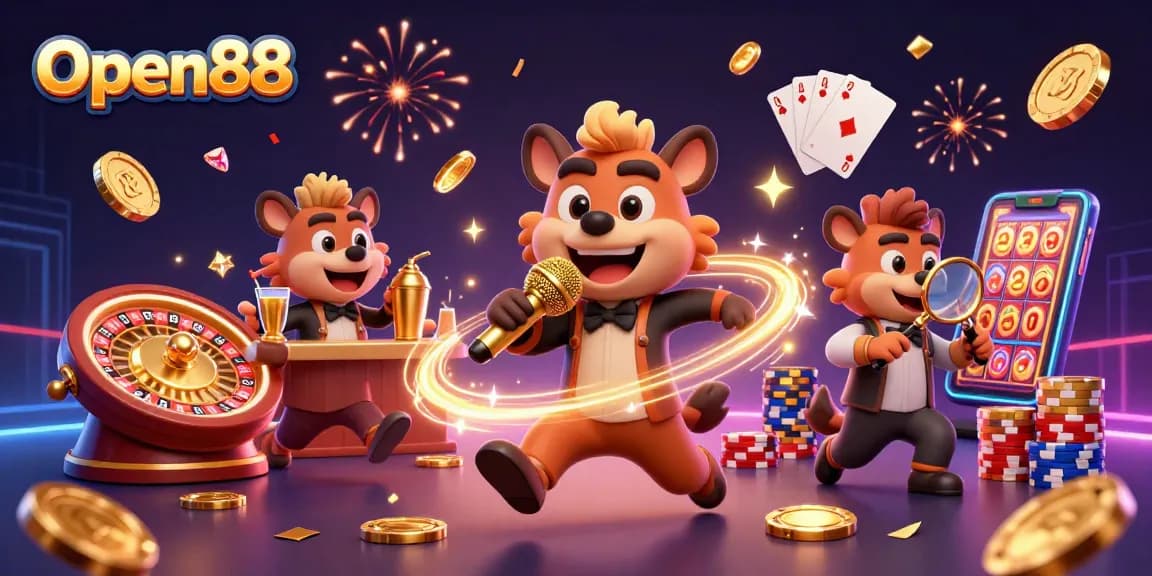 Open88 hyena casino club buzzing with excitement, featuring vibrant game elements and dynamic characters.