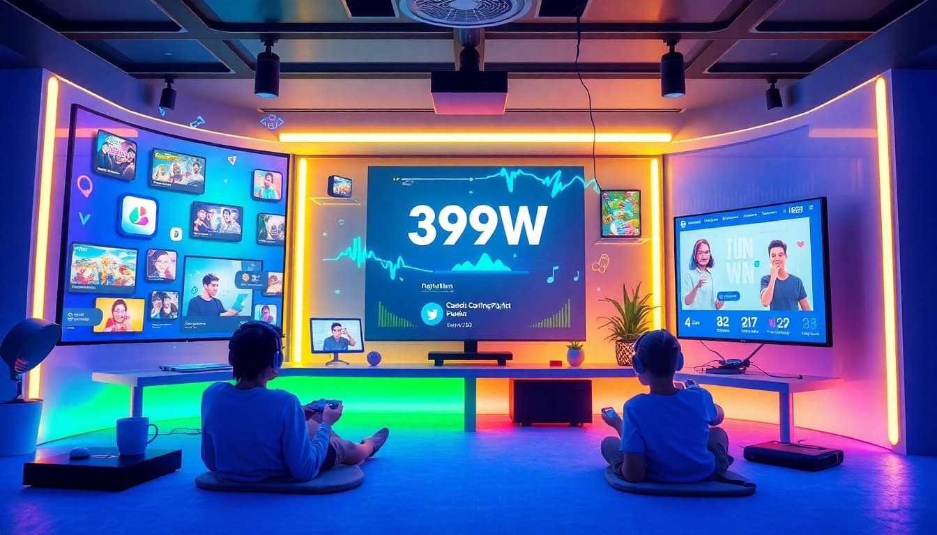 Interactive gaming platform 399W showcasing casual games and playlists in a vibrant digital interface.