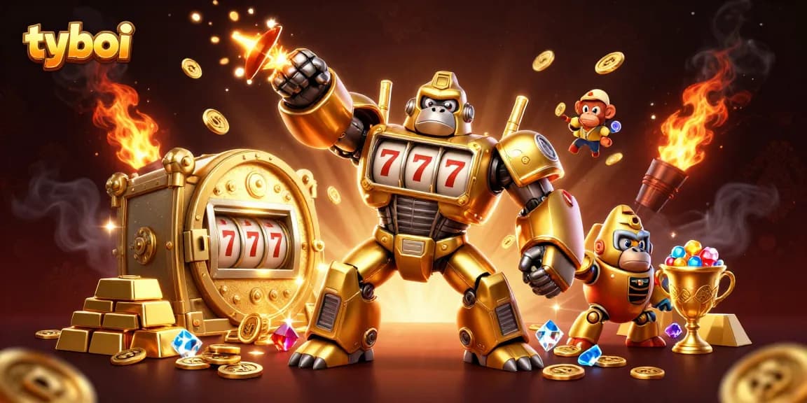 Experience thrilling wins at tyboi with vibrant 3D gorilla mech surrounded by gold and jewels.