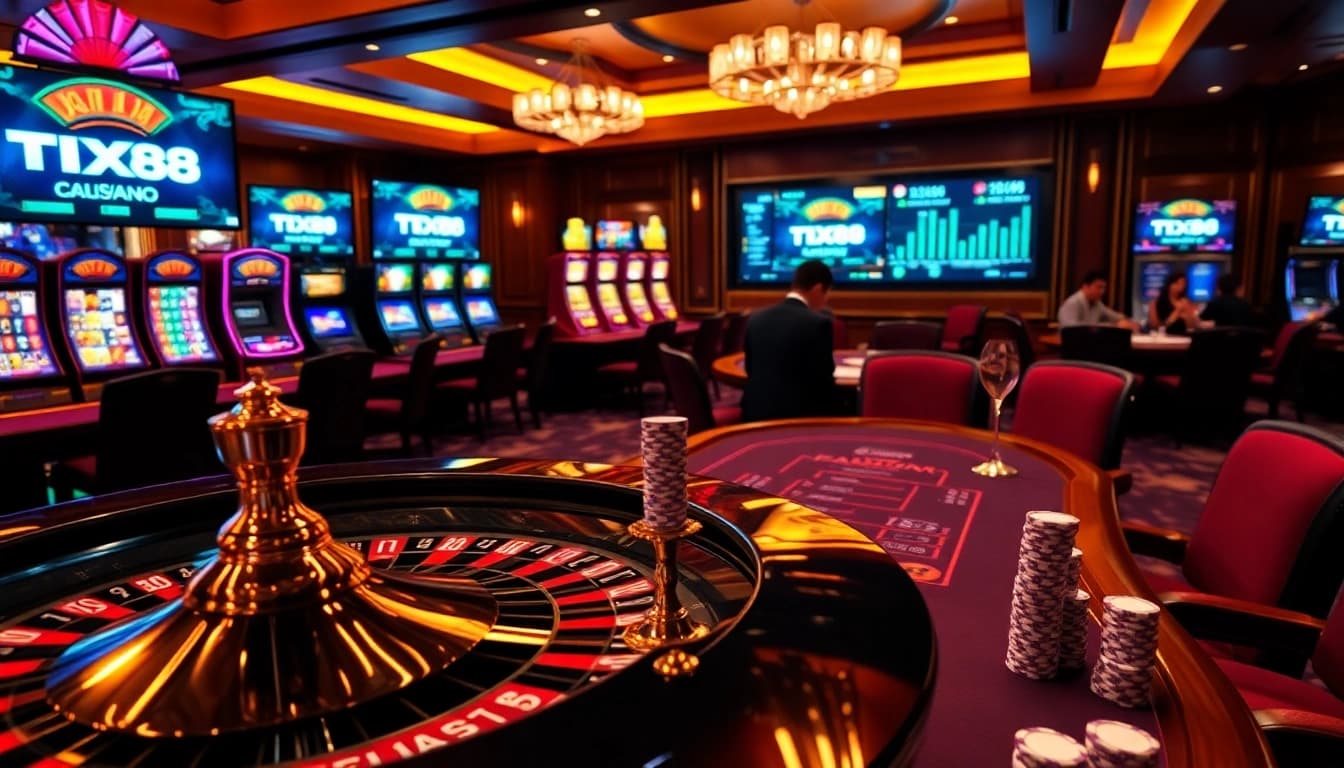TX88 casino scene showcasing luxurious slots and poker gameplay for experienced gamblers.