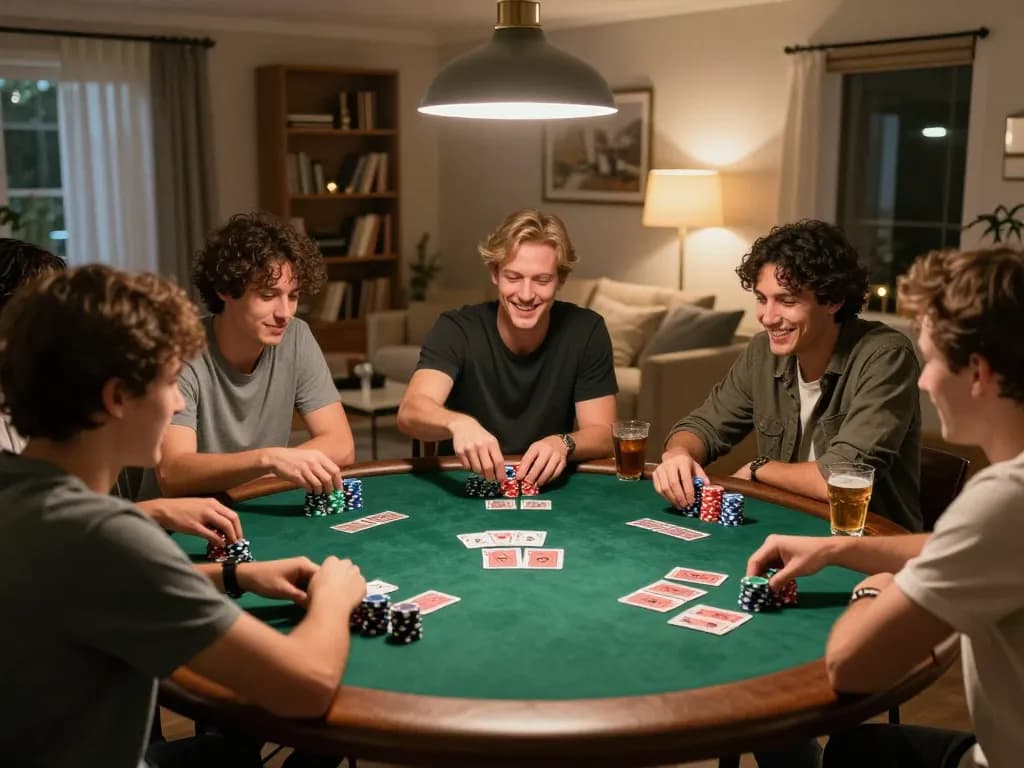 Pemain menikmati malam permainan poker yang ramah dengan ap686 di meja, memamerkan chip dan kartu.