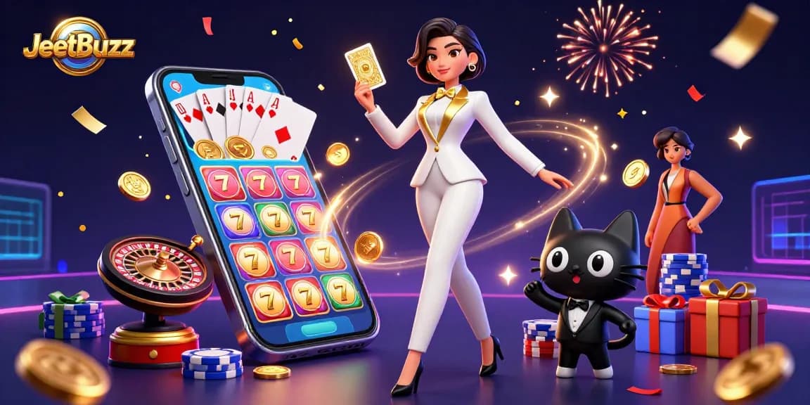 Engage with JeetBuzz as a glamorous dealer interacts with a playful tuxedo cat amidst vibrant casino elements.