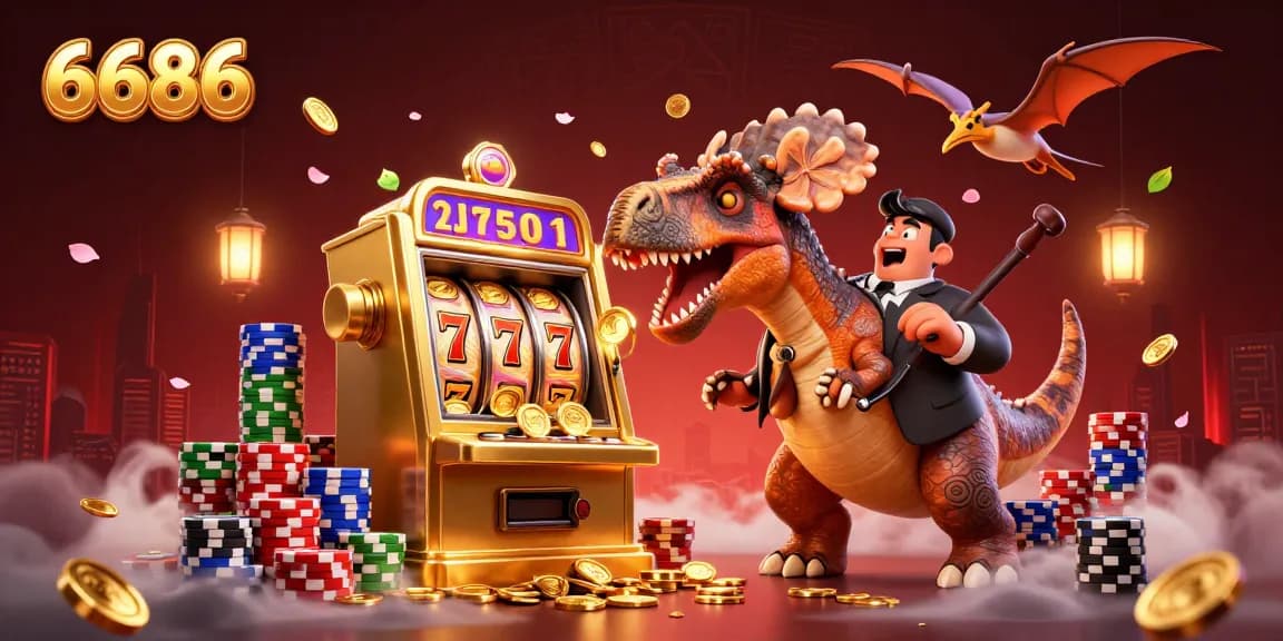 Experience 6686's thrilling jackpot scene with a pachycephalosaurus and casino excitement!