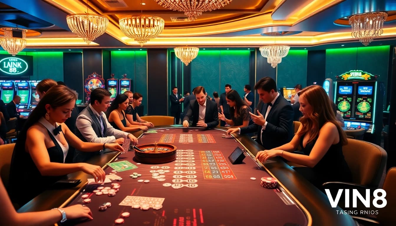 Experience the thrill of VIN 88's casino with stylish dealers and vibrant gaming tables.