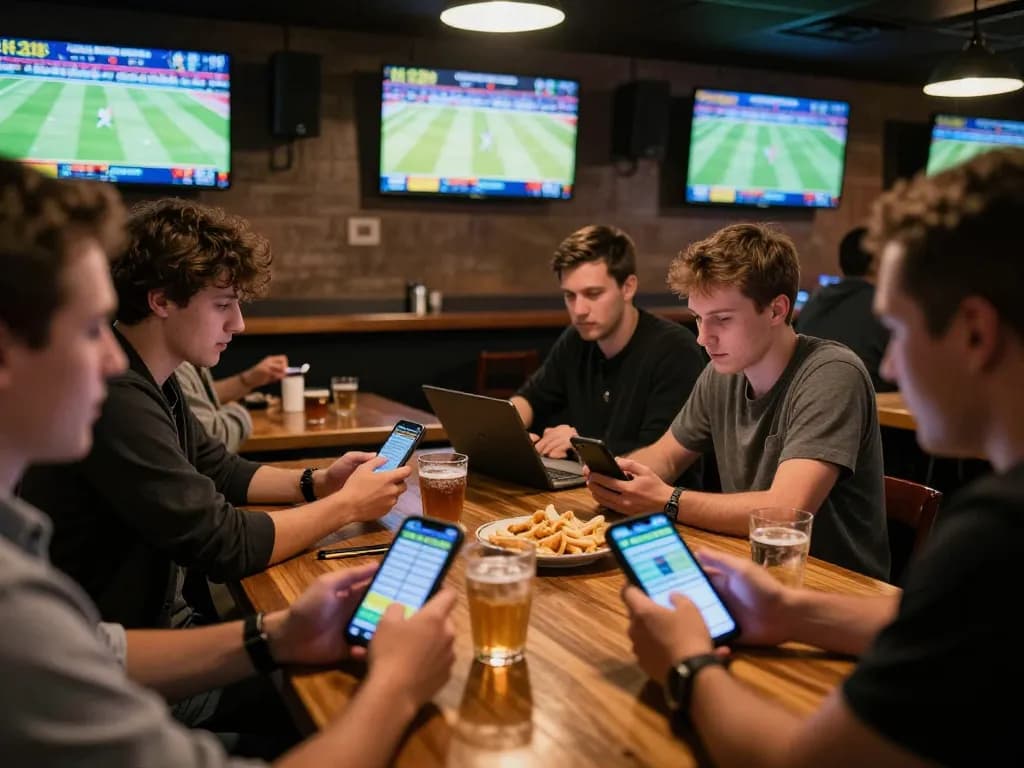 People strategizing while placing bets in a sports betting environment, highlighting ty le keo nha cai dynamics