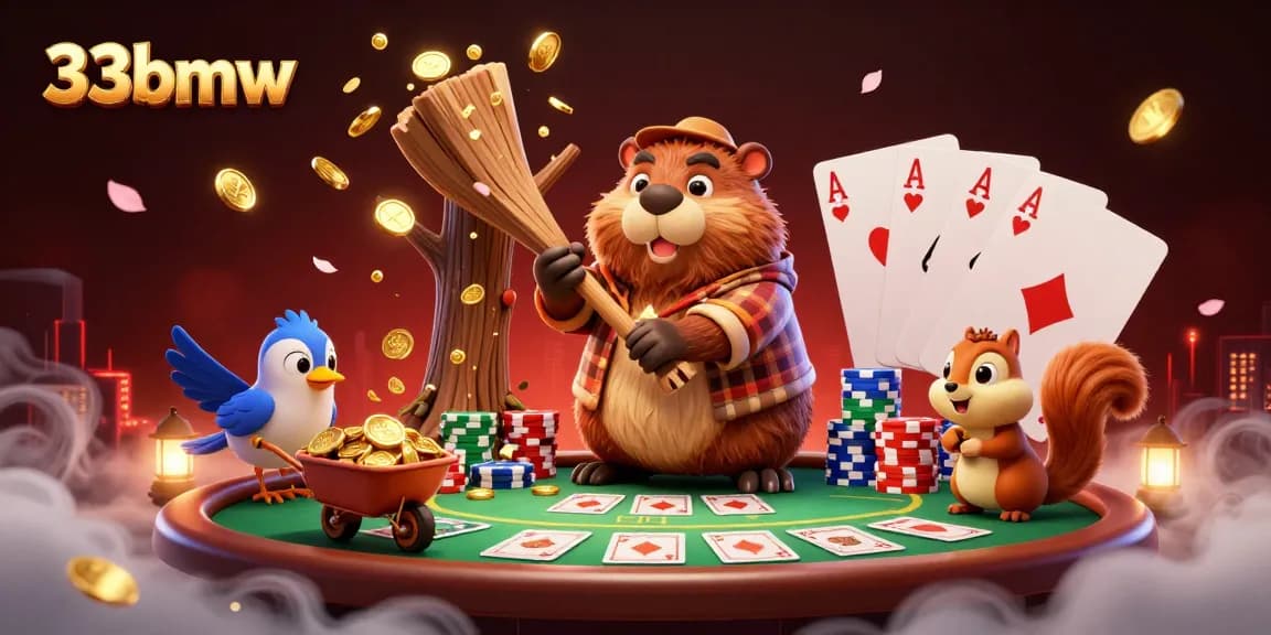 33bmw cartoon beaver wins big at the casino, showcasing lively poker elements and rich gaming atmosphere.