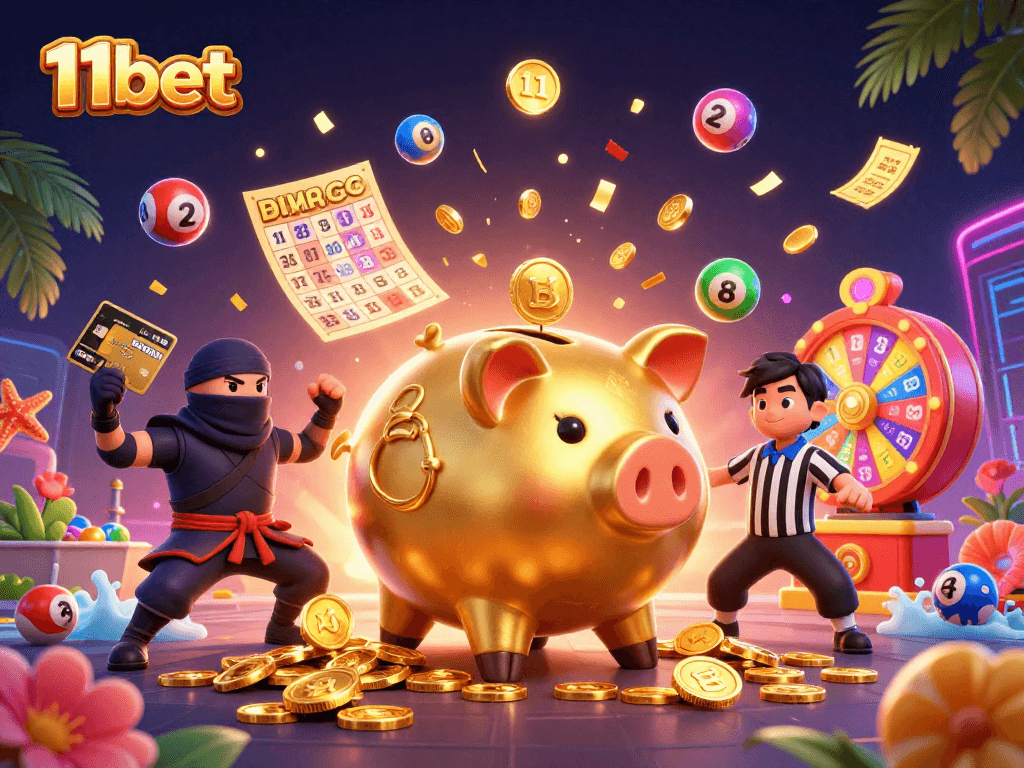 Engage with the exciting world of 11bet through a thrilling 3D casino illustration featuring dynamic gaming elements.