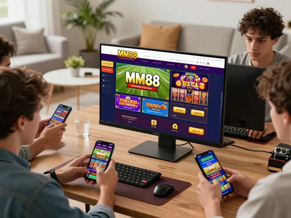 Diverse players enjoying MM88 online games on devices in a vibrant, inviting home setting.