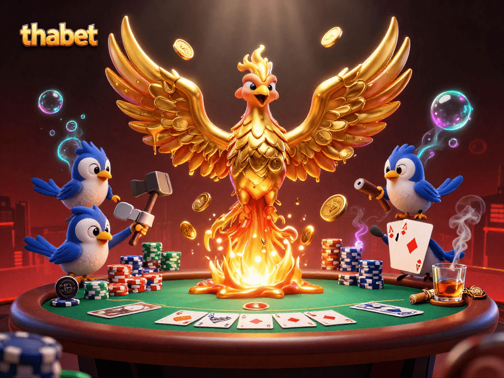 Experience thrilling gaming at thabet with a golden phoenix emerging from a forge amidst a vibrant poker scene.
