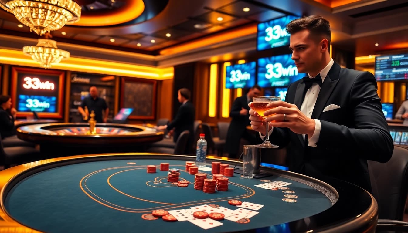 Exciting poker action at 33Win's luxurious casino table with vibrant chips and cards.