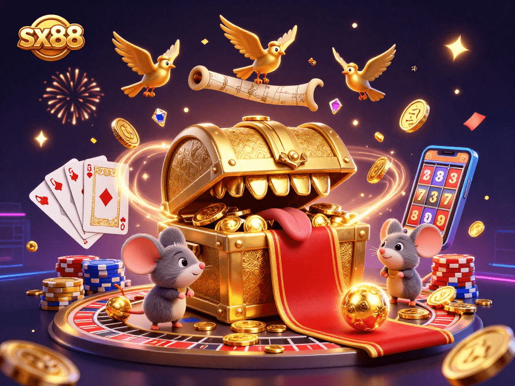 Engaging players at sx88 with a vibrant casino scene filled with treasures, games, and excitement.