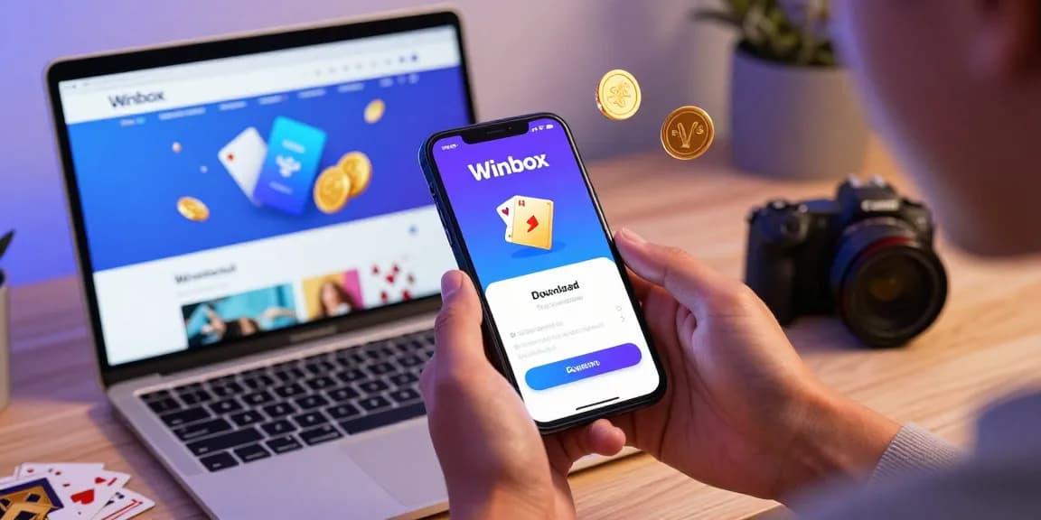 Winbox download process on smartphone with vibrant app interface and gaming elements.