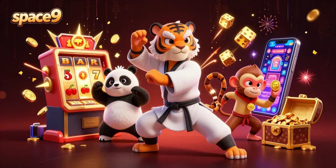 Experience thrilling gameplay at Space9 Casino with vibrant characters, slot machines, and dynamic casino elements.