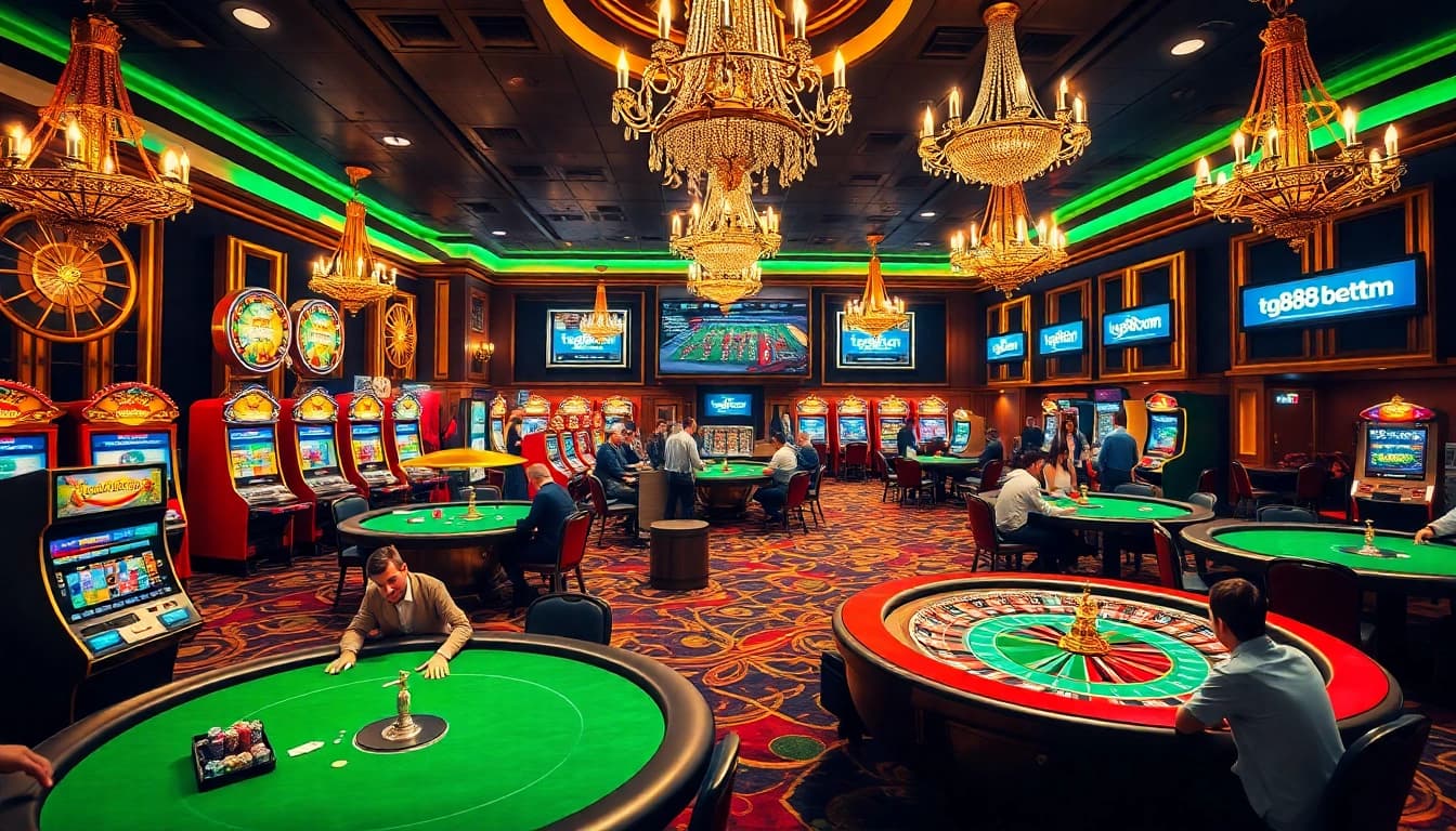 Players enjoying a lively gaming atmosphere at tg88 casino with poker tables and slot machines.