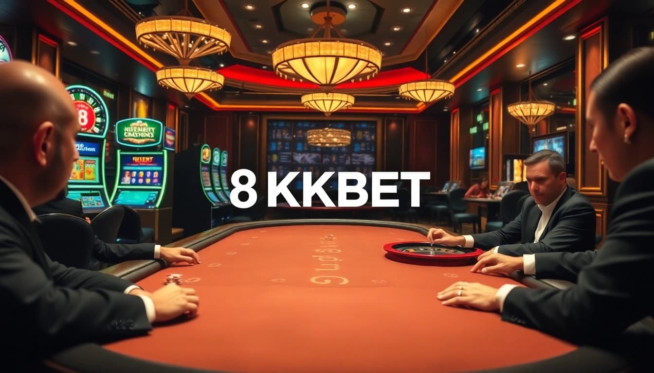 Players enjoying an exhilarating poker game at 8KBET, surrounded by vibrant casino elements and luxurious decor.