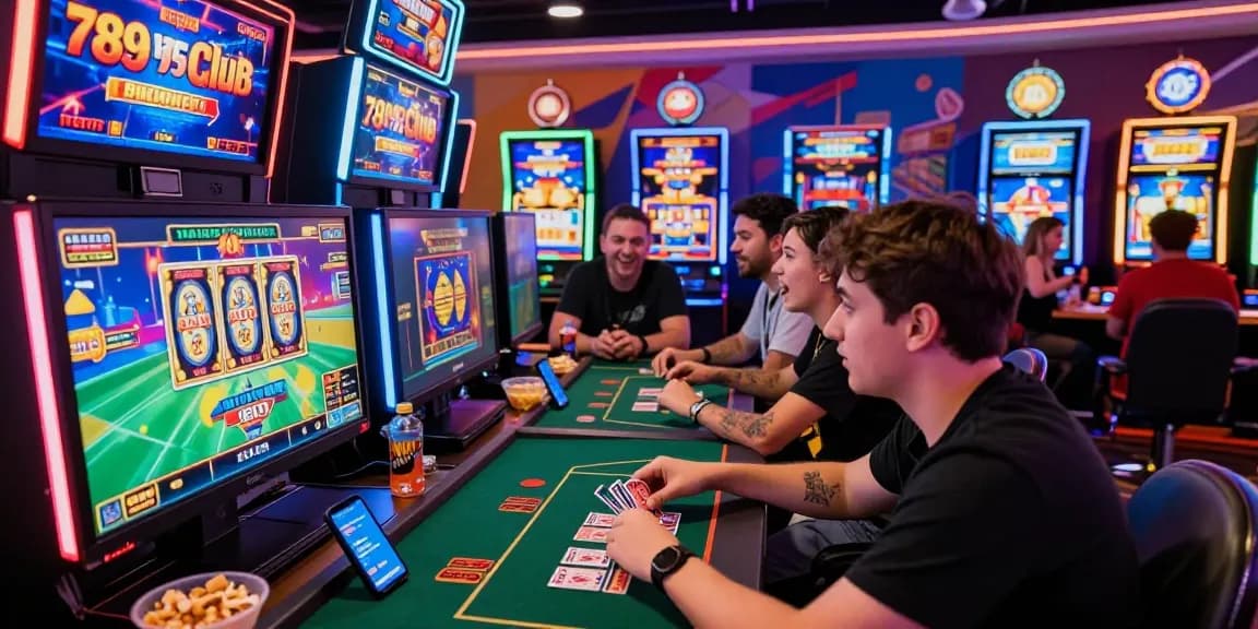 Engaging scene of gamers enjoying various games at https://7899club.com/ under neon lights, showcasing excitement and community.