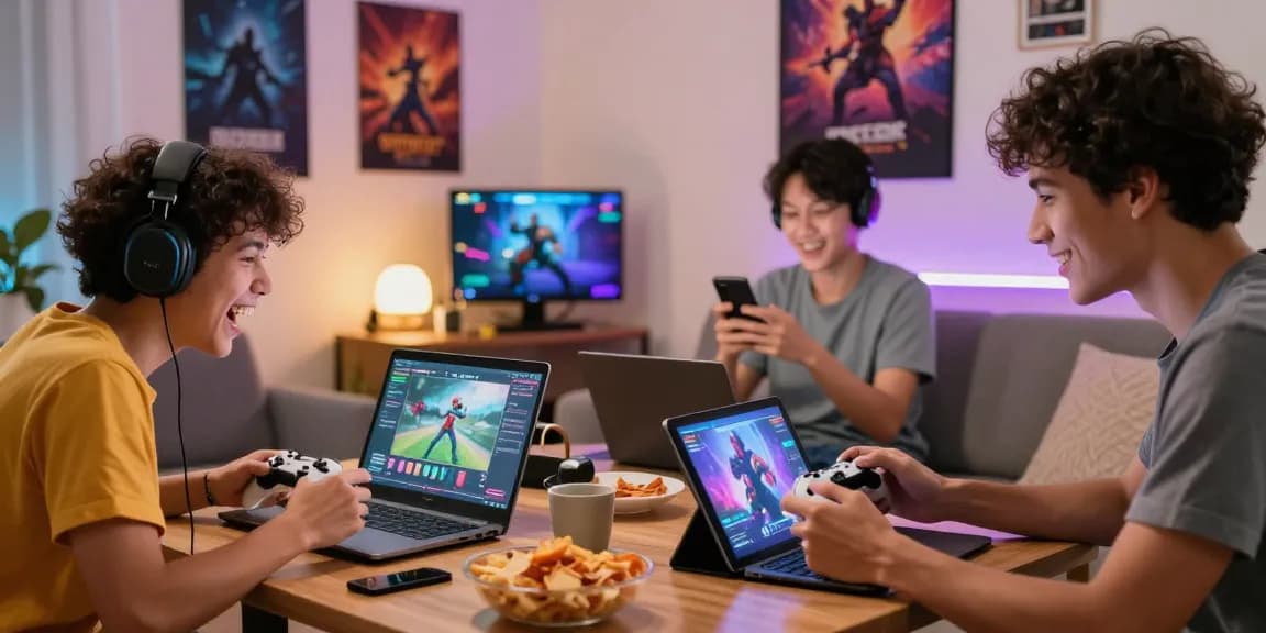 Engaged players enjoying a porn game online in a cozy gaming environment with snacks and LED lights.