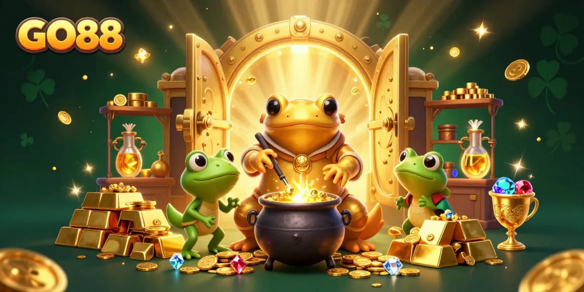 Engage with GO88's thrilling alchemical casino experience featuring gold coins, treasures, and enchanting characters.