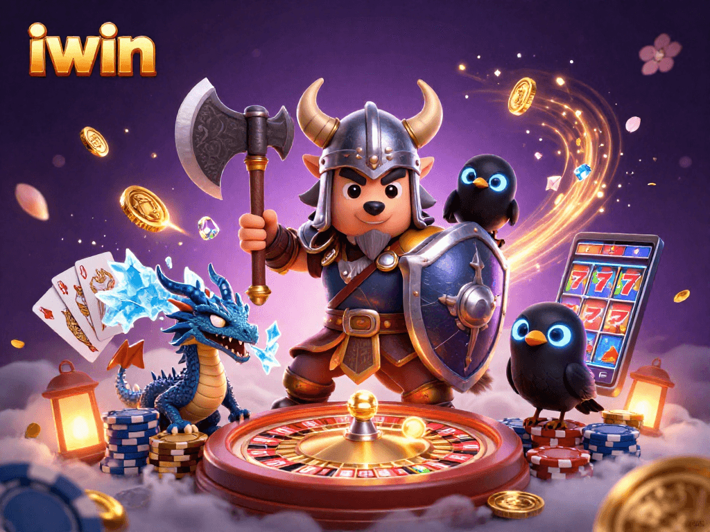 Spin the iwin roulette with a Viking wolf warrior, fierce dragon, and glowing coins in a dynamic casino scene.