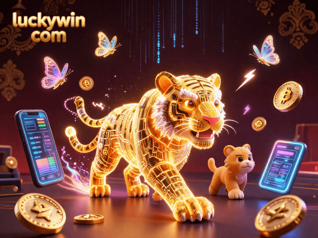 Experience thrilling gameplay at luckywin com with a neon-wireframe golden tiger in a vibrant casino scene.