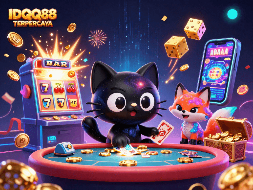 Engage with the exciting IDQQ88 TERPERCAYA online casino experience, showcased through dynamic casino characters and vibrant game elements.