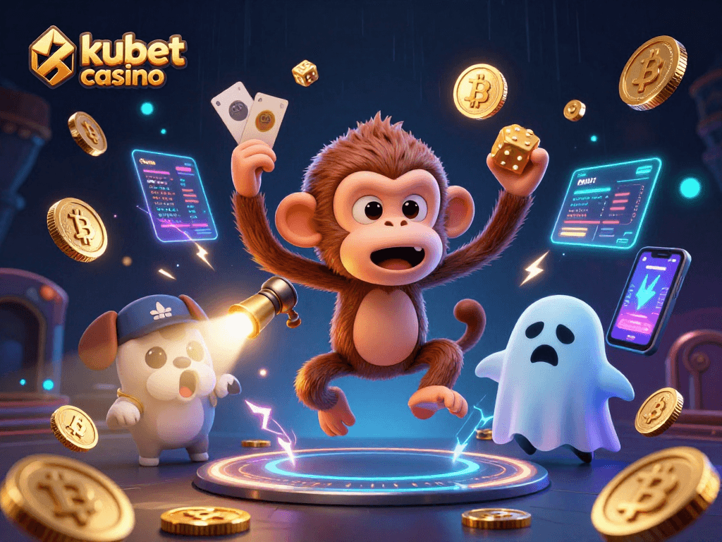Experience the magical thrills at kubet casino in this lively haunted scene featuring playful characters and crypto elements.