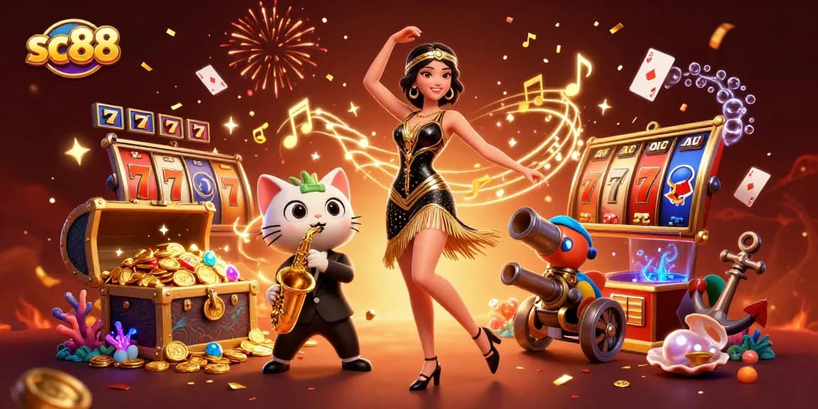 Win big at sc88 with a vibrant 3D illustration showcasing a dancing woman, saxophone cat, and abundant slot game elements.