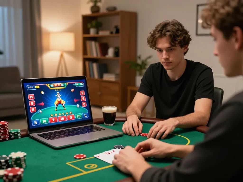 Engaging online poker gameplay showcasing 壹發娛樂 on a laptop in a cozy modern home